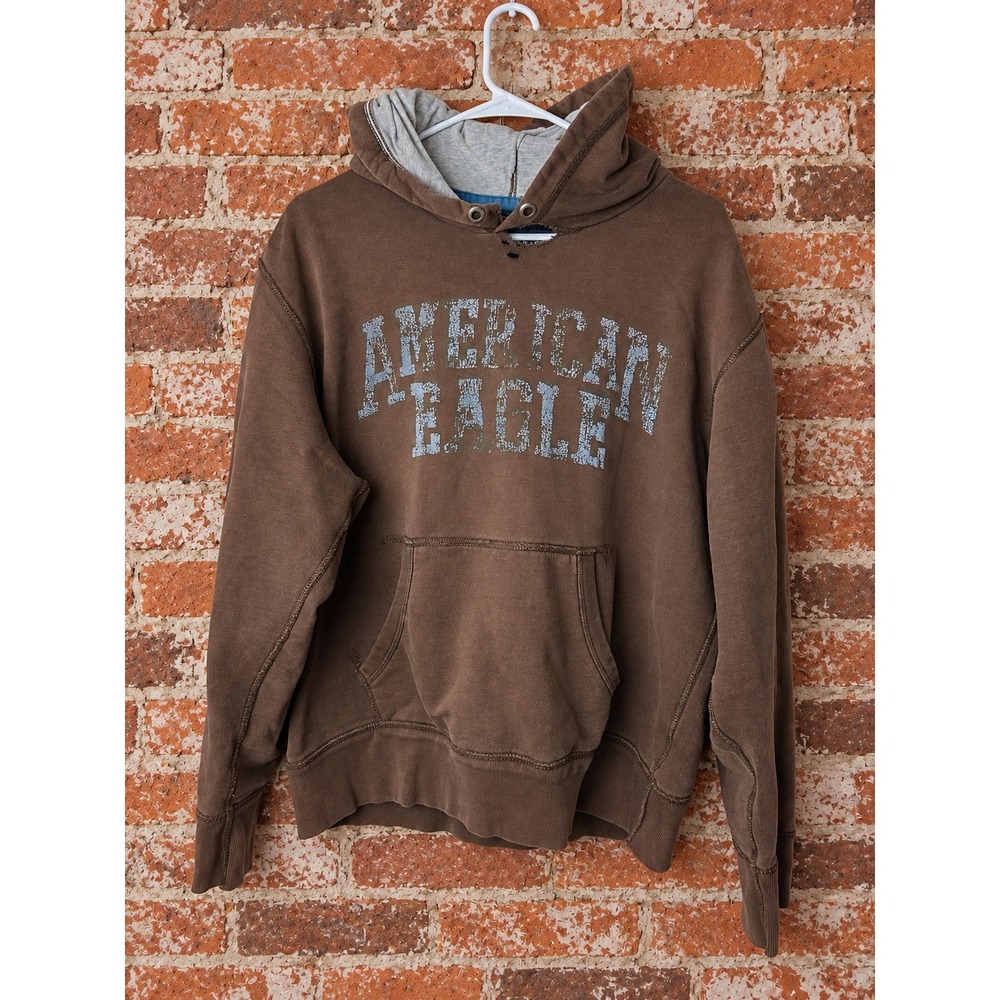 VTG Y2K American Eagle Mens Distressed Brown Hoodie L 2000s Grunge Skater Fall